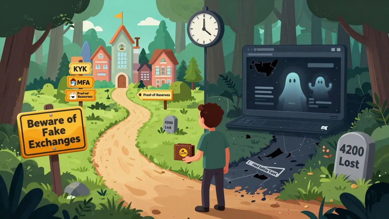 Ein Warnschild im digitalen Wald zeigt zwei Wege: einen sicheren Pfad zu vertrauenswürdigen Börsen und einen dunklen Pfad zu einem Betrug mit verschwundenen Nutzern.