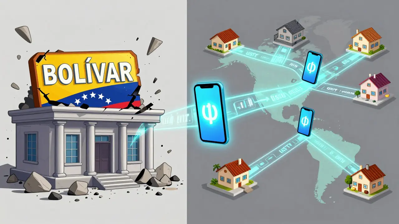 Ein zerfallender bolívar-Bankautomat im Hintergrund, während digitale USDT-Transaktionen als Lichtströme durch eine Stadt fließen.