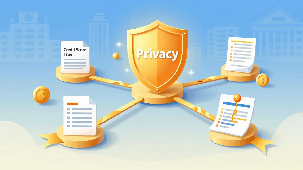 Eine Blockchain mit verschlüsselten Transaktionen, die Privatsphäre bewahren, während sie verifiziert werden – dargestellt als leuchtende, verbundene Knoten.