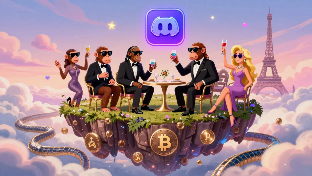 Eine luxuriöse Insel mit Bored Apes auf einer Party, neben Taproot Wizards und Bitcoin-Symbolen, in einem träumerischen Himmel.