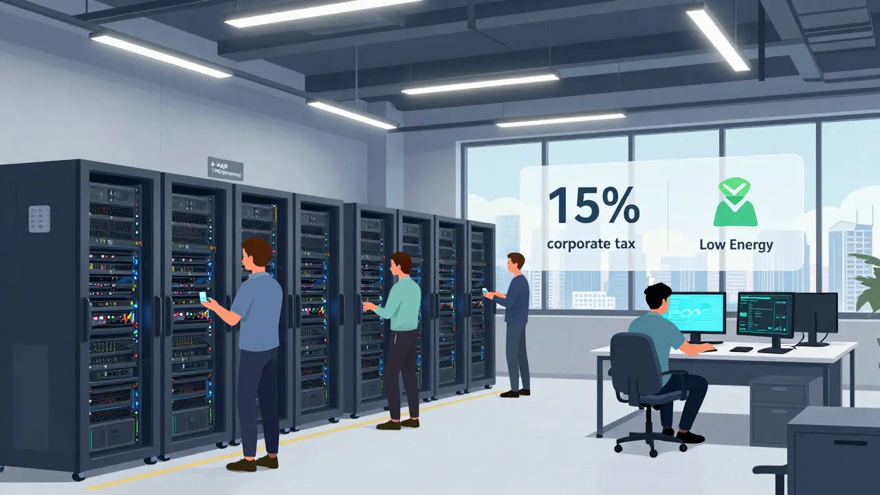 Eine moderne Mining-Farm in Tbilisi mit Server-Racks, Technikern und Anzeige von 15% Körperschaftssteuer und niedrigen Energiekosten.