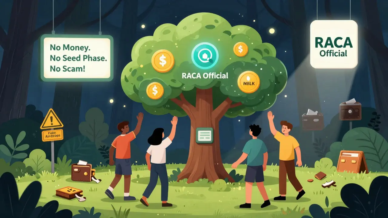 Eine sichere Community rund um eine RACA-Tree mit echten Tokens, während dunkle falsche Airdrops im Hintergrund verborgen sind.