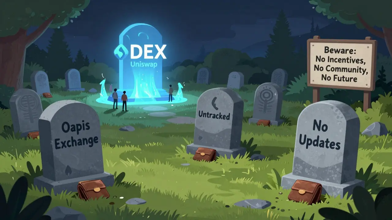 Friedhof für gescheiterte Krypto-Börsen mit Grabsteinen und Warnschildern.