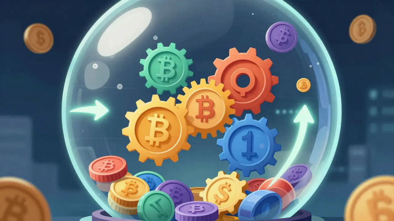 Illustration eines dezentralen Liquiditätspools mit fließenden Token-Einheiten.