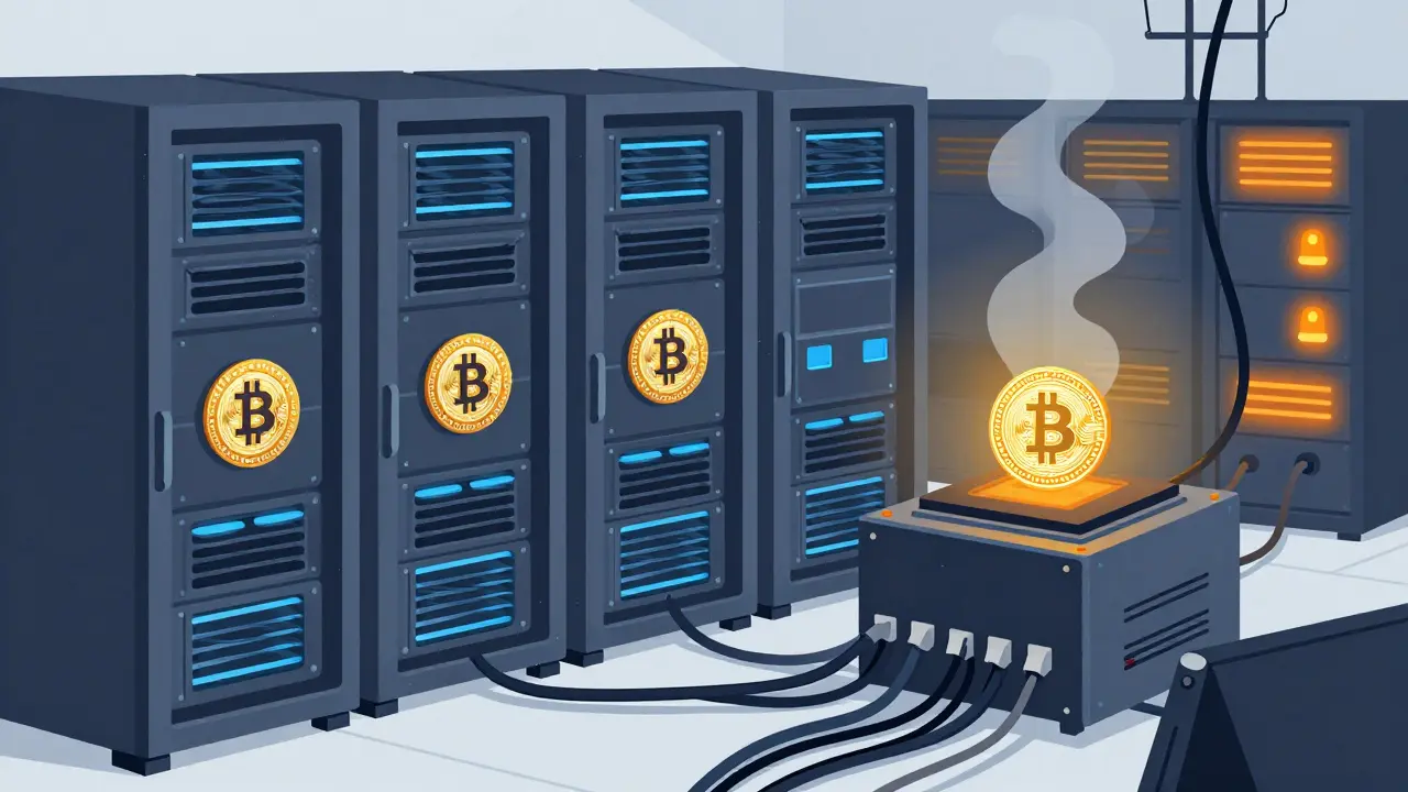 Illustration: Geordneter Serverraum im Kontrast zu wilder Stromnutzung.