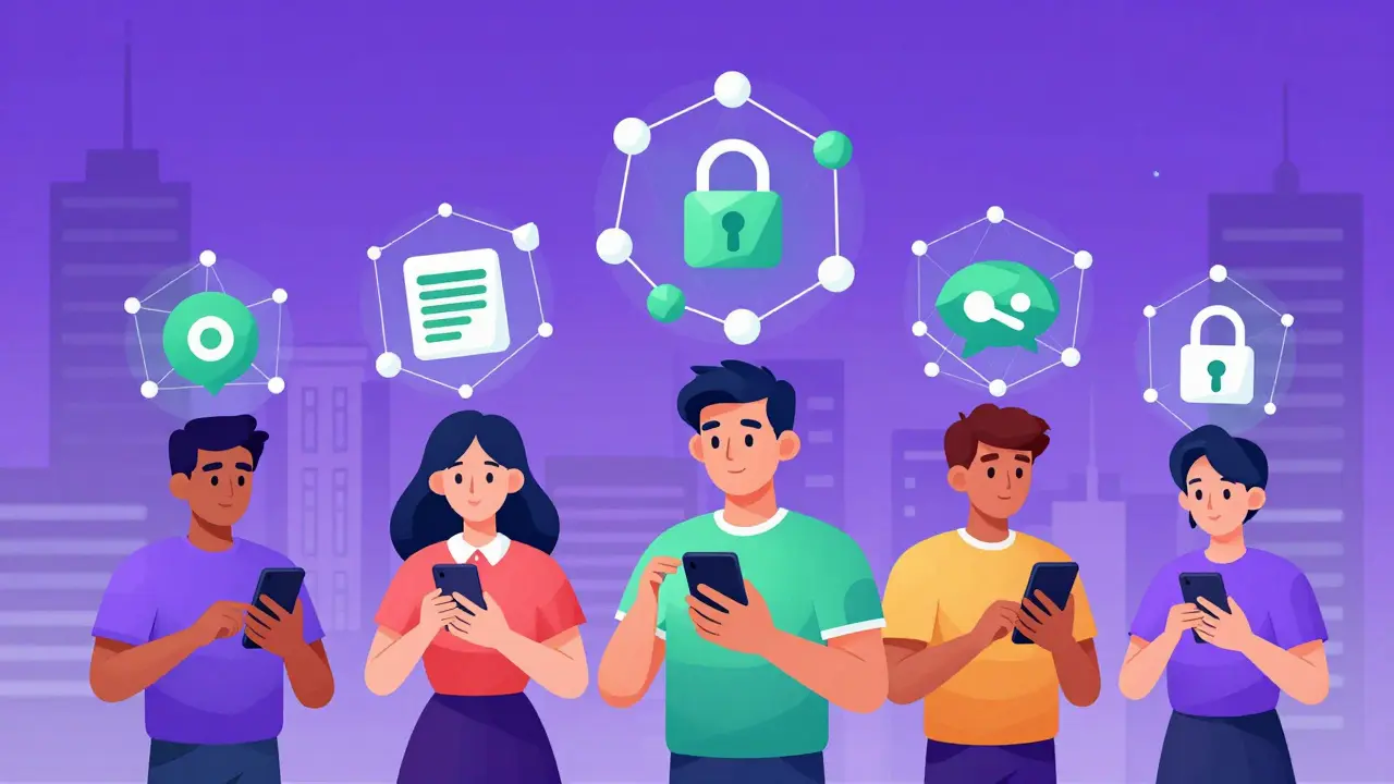 Illustration: Menschen nutzen Telefone für sichere Geldtransfers online.