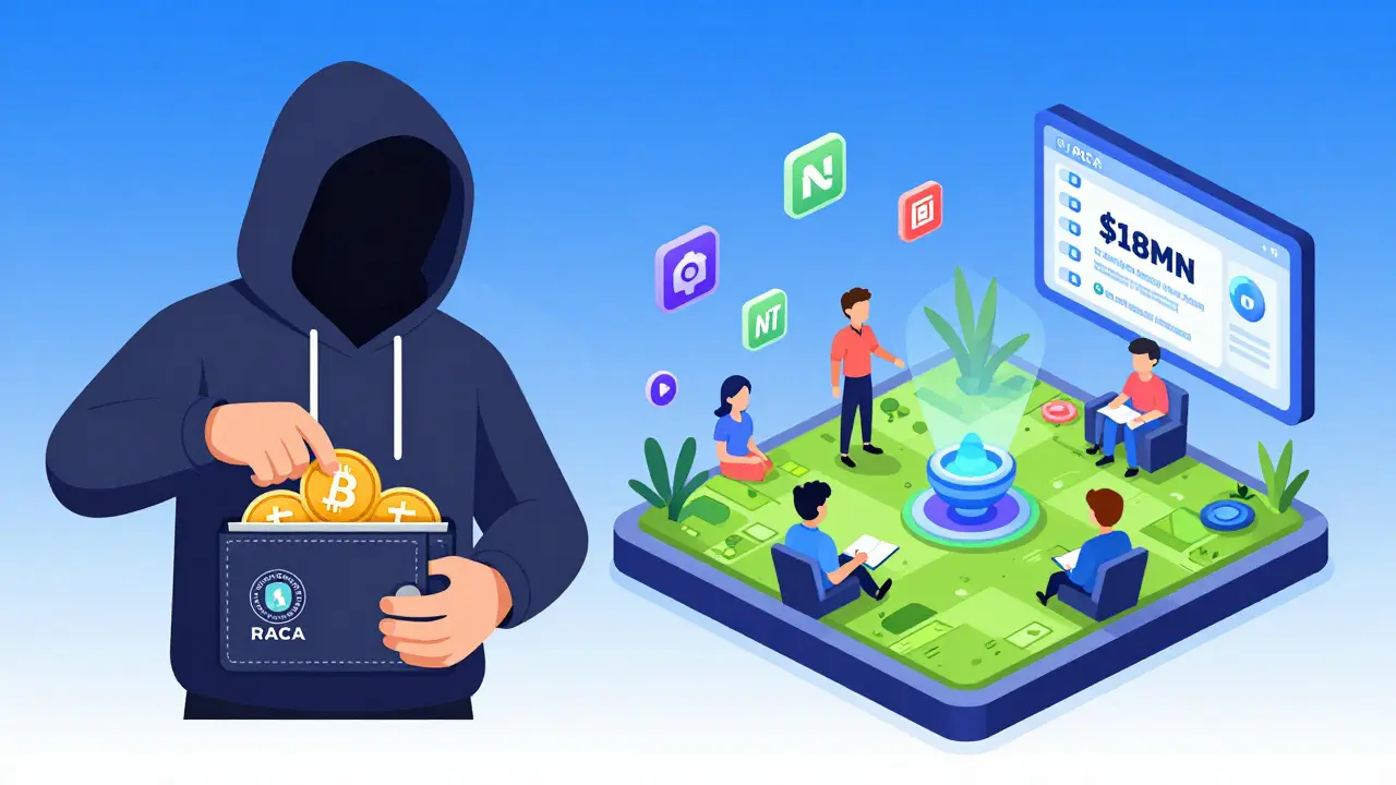 Kontrastdarstellung: Ein Hacker stiehlt RACA-Token vs. echtes RACA-Ökosystem mit Spielern, NFTs und Transaktionszahlen.