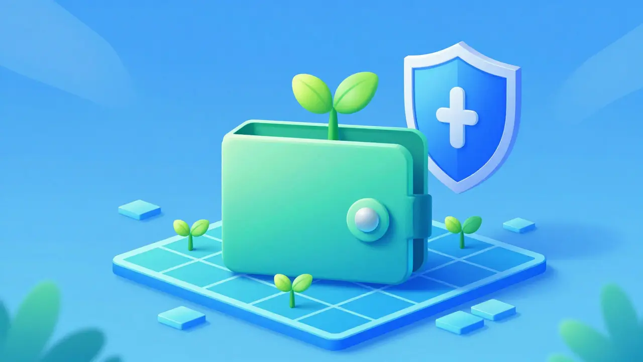 Sichere digitale Geldbörse mit Wachstums-Pflanzen Symbolik.