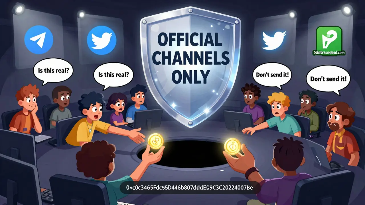 Spieler reichen einen PVU-Token weiter, der in eine Betrugsadresse führt, während offizielle Kanäle als Schutzschild leuchten.