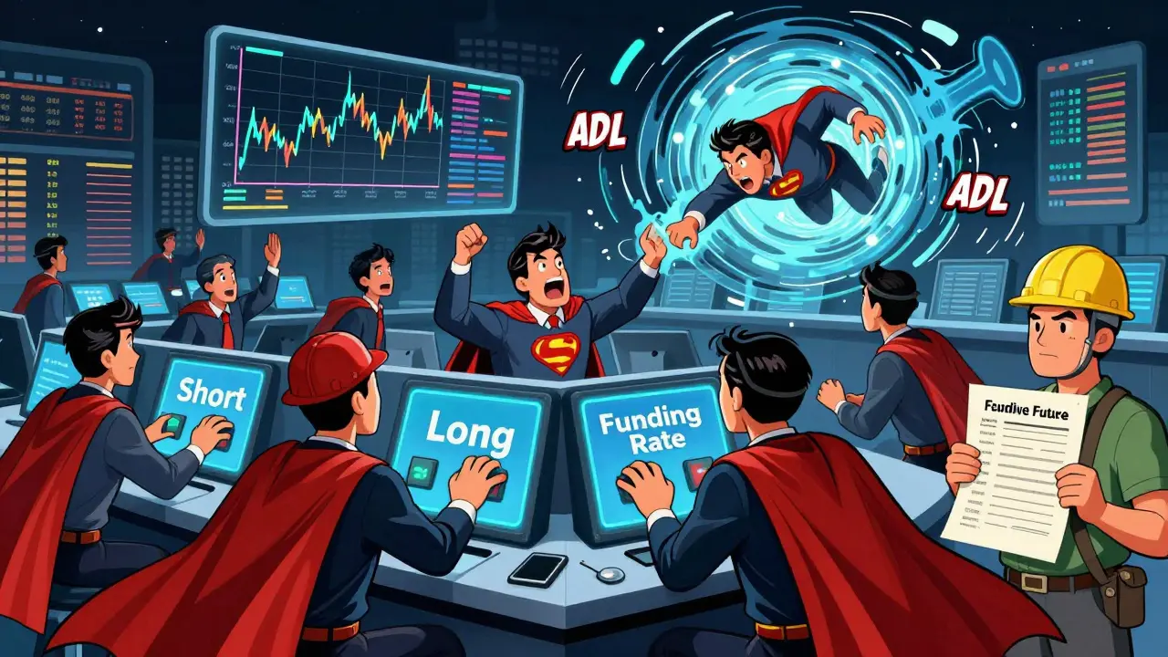 Trader in einem 24/7-Markt mit Floating Graphen und ADL-Vortex, dargestellt in cartoonhafter Szene.