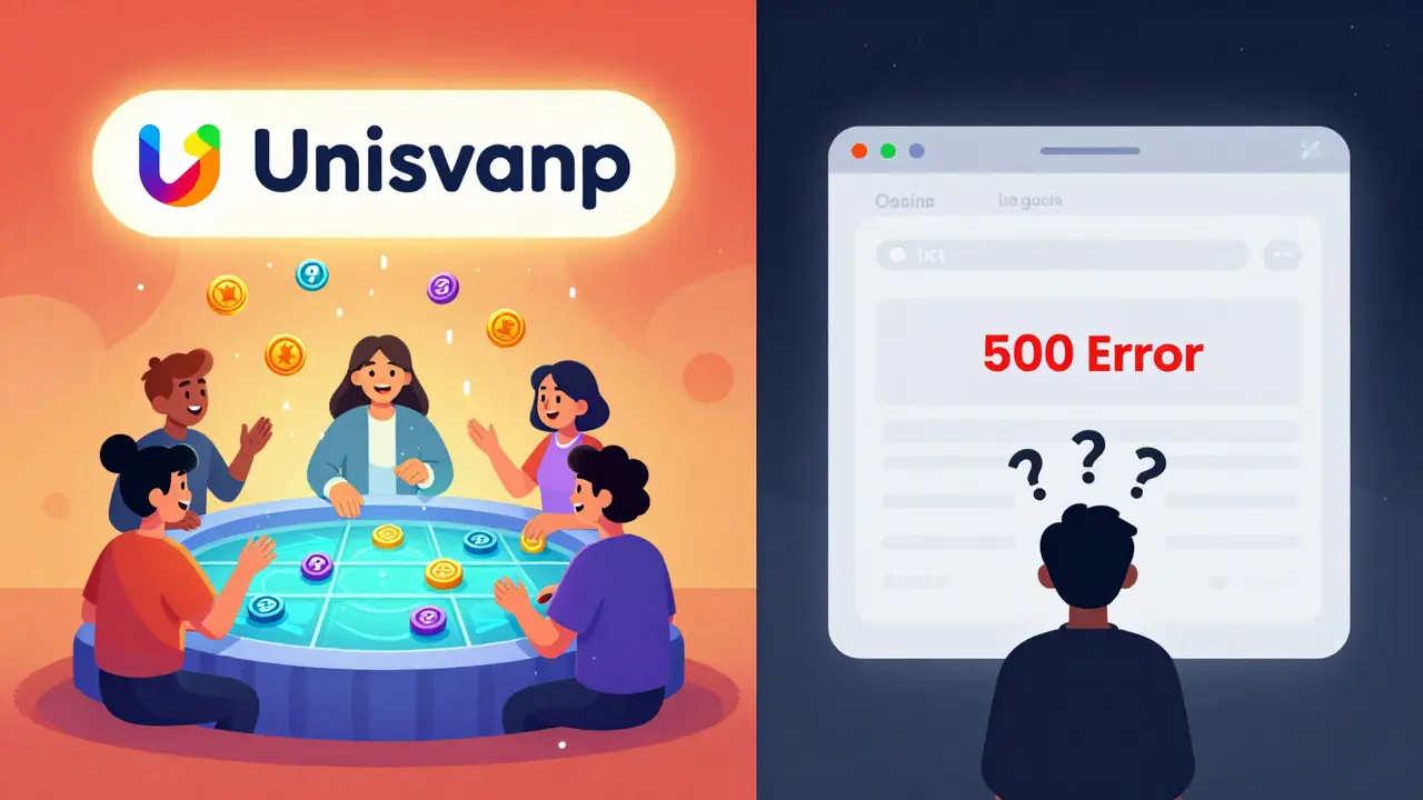 Vergleich: Aktive Uniswap-Börse links vs. tote Oasis Exchange-Oberfläche rechts.