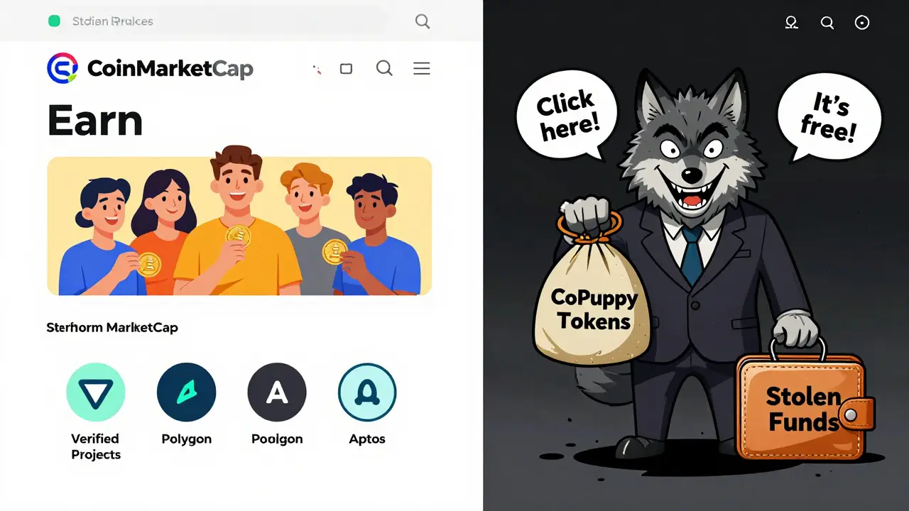 Vergleich: Echter CoinMarketCap-Airdrop links vs. gefälschter CoPuppy-Betrug rechts.