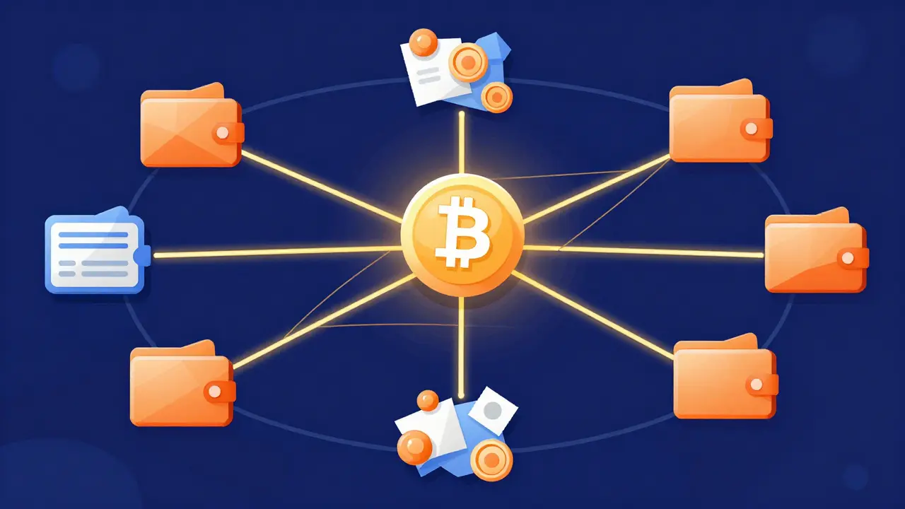 Visuelle Darstellung von Geldfluss-Pfaden zwischen digitalen Geldbörsen.