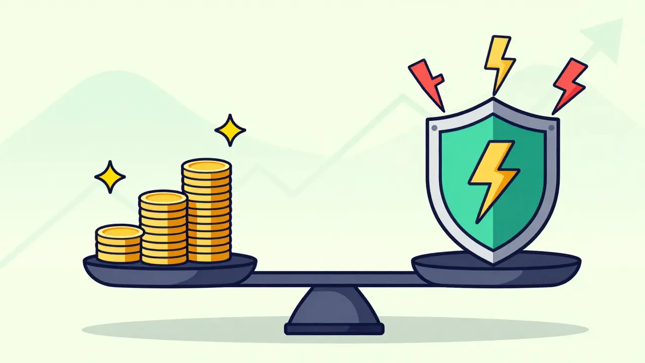 Waage zeigt Balance zwischen Investitionsgewinn und finanziellen Risiken.