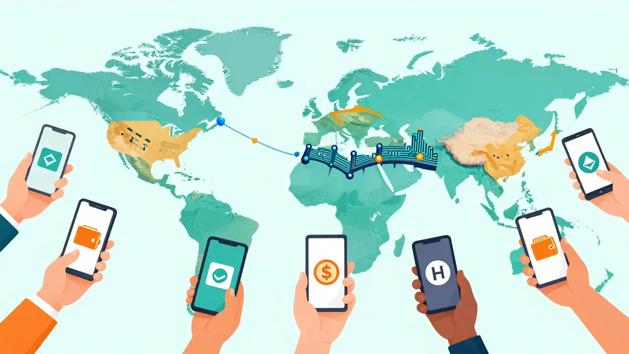 Weltkarte mit Smartphones und digitalen Geldbörsen für globalen Handel.