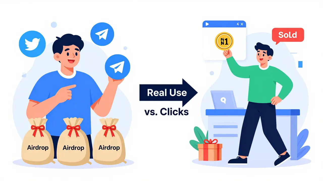 Zwei Wege im Airdrop: Linker Teil zeigt nur Social-Media-Klicks, rechter Teil zeigt echte NFT-Verkäufe mit Belohnung.