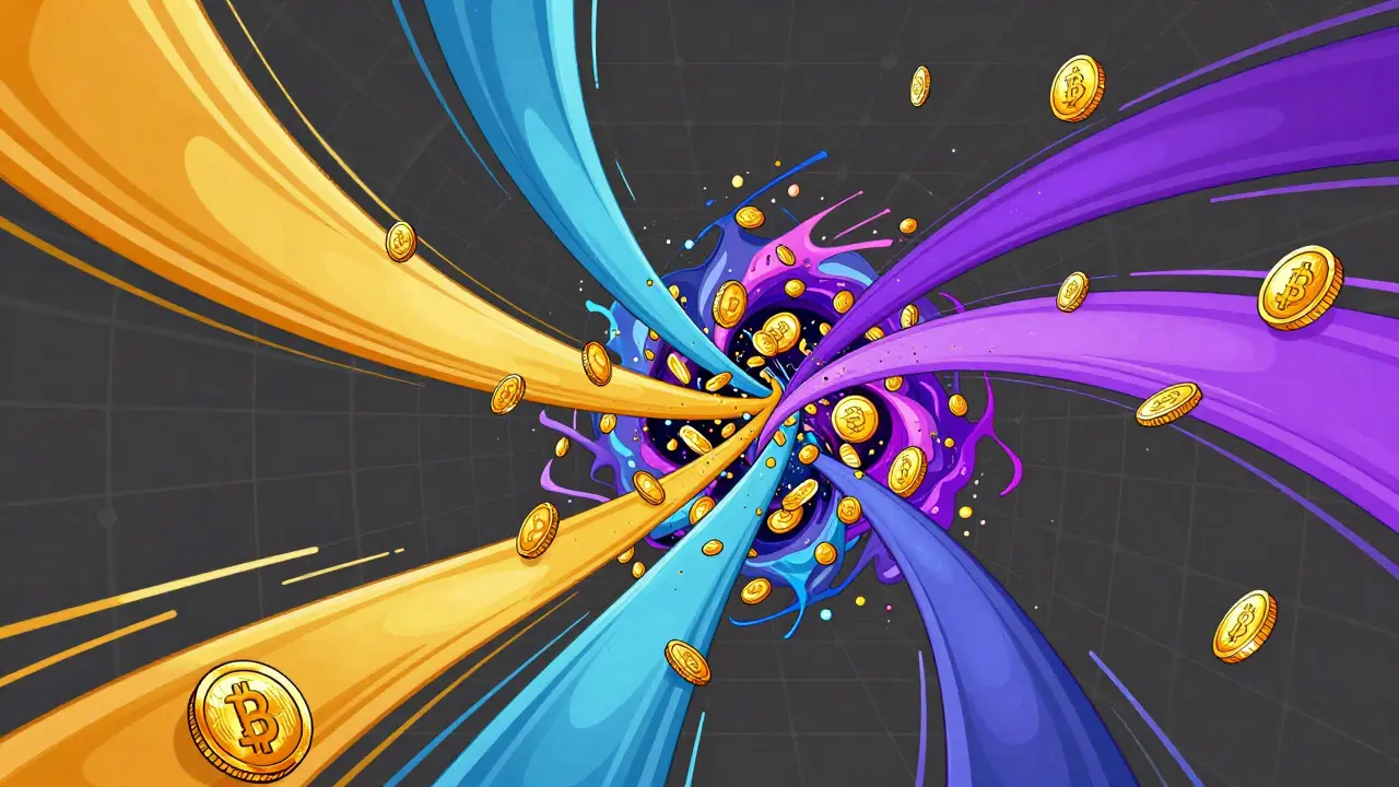 Abstrakte Darstellung von verschmolzenen Krypto-Datenströmen zur Verschleierung von Geldspuren.