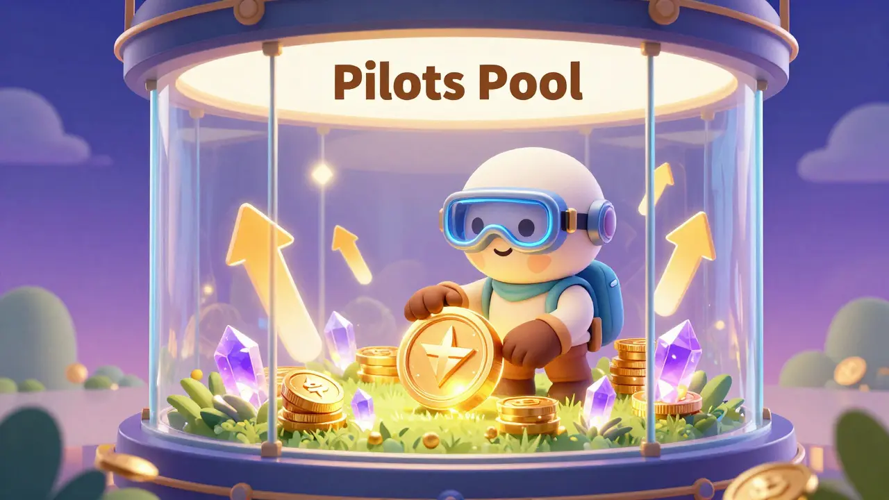 Cartoon eines digitalen Piloten in einem Vault mit leuchtenden pWINGS-Token.