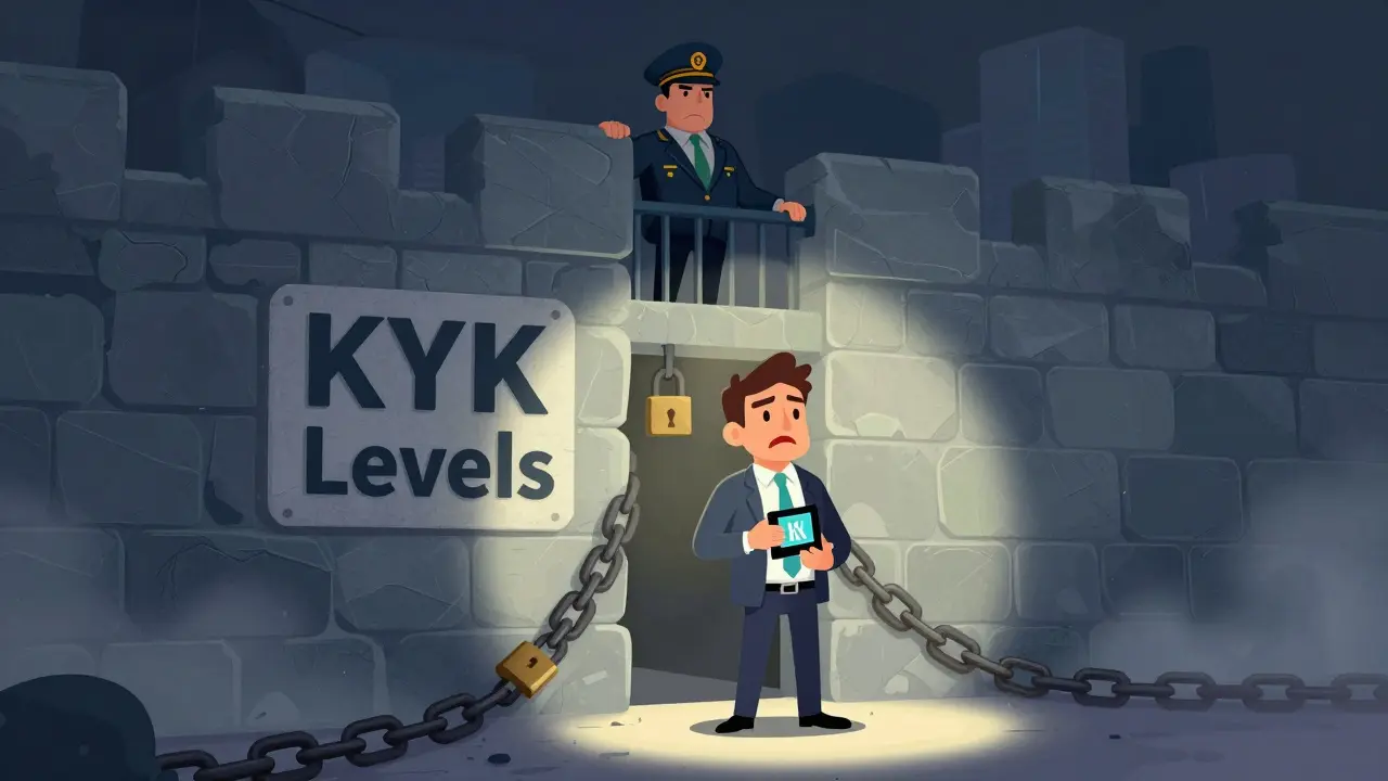 Cartoon eines Traders vor einer riesigen Mauer aus KYC-Hürden, die Auszahlungen blockieren.