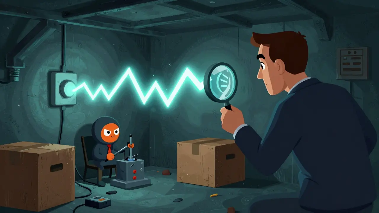 Cartoon eines versteckten Krypto-Miners im Keller, der von Behörden aufgespürt wird.