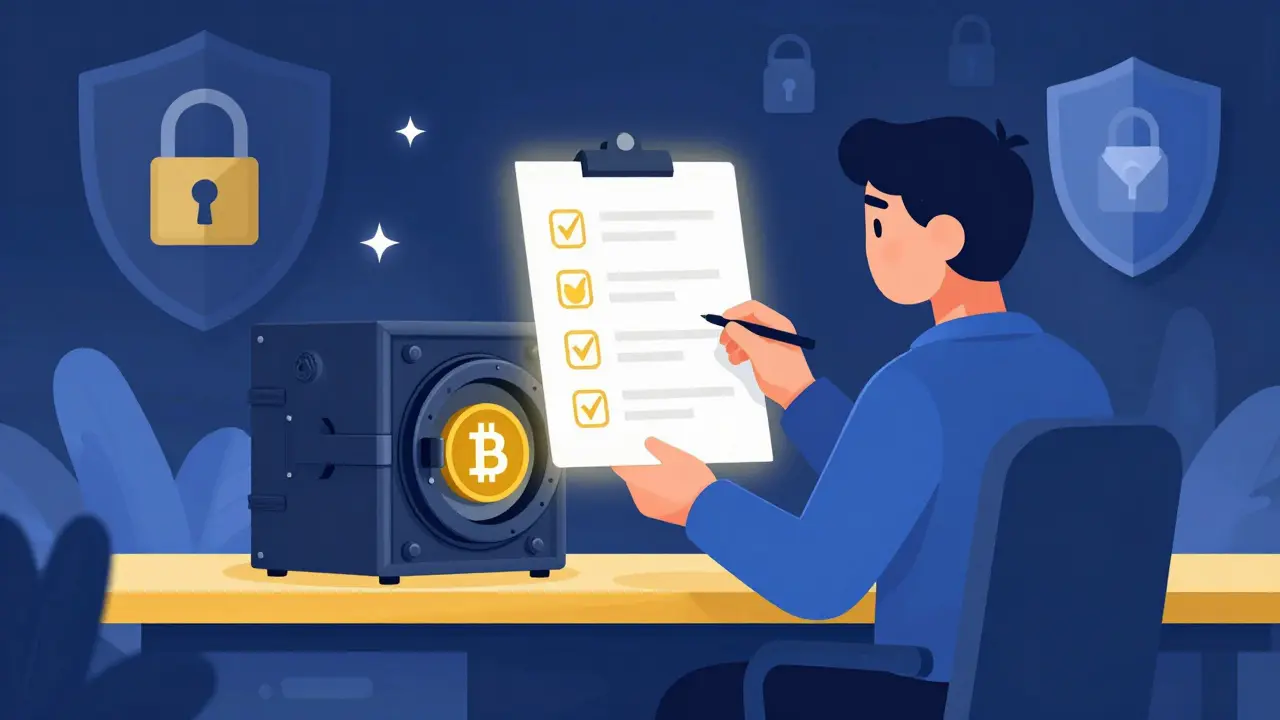 Cartoon-Figur, die digitale Wallet-Vorbereitung und Sicherheitsschritte durchführt