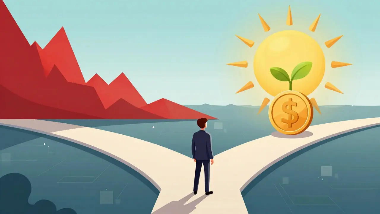 Ein Charakter an einem digitalen Scheideweg zwischen Marktrisiko und Wachstumspotenzial.