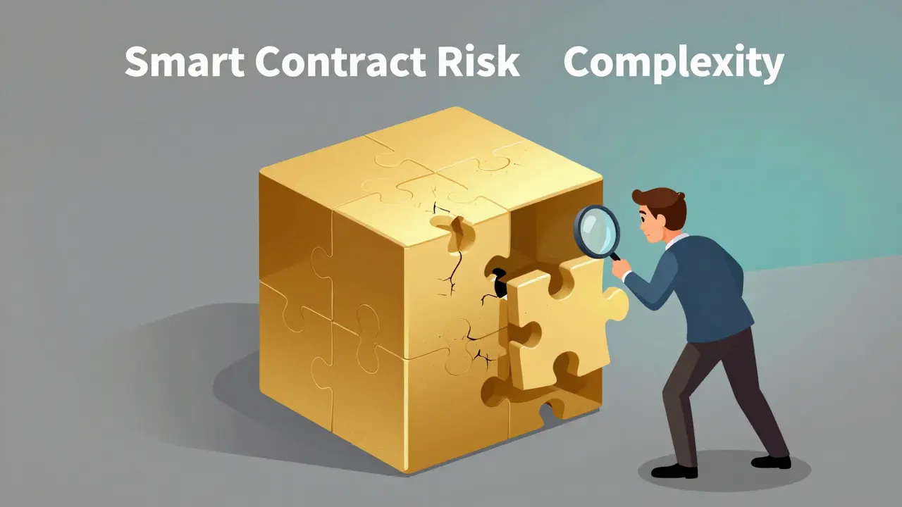 Ein komplexer goldener Puzzle-Würfel, der die technische Komplexität eines Smart Contracts darstellt.