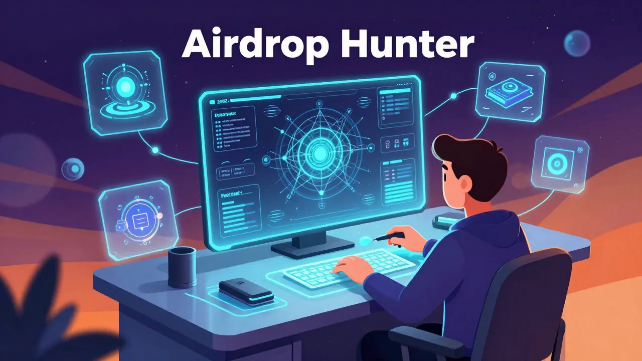 Ein Krypto-Analyst im Jahr 2026, der moderne Airdrop-Strategien an einem Hologramm-Bildschirm prüft.