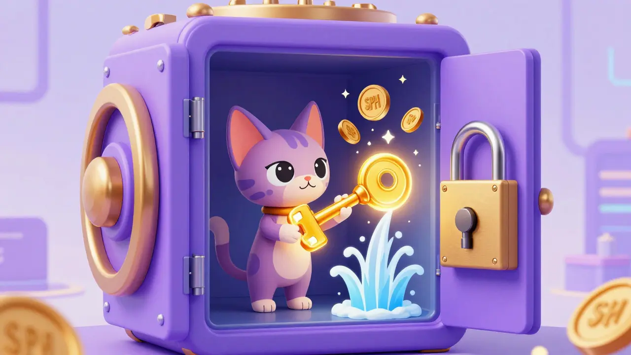 Ein NFT-Sphynx-Charakter, der als goldener Schlüssel für Token-Belohnungen dient.