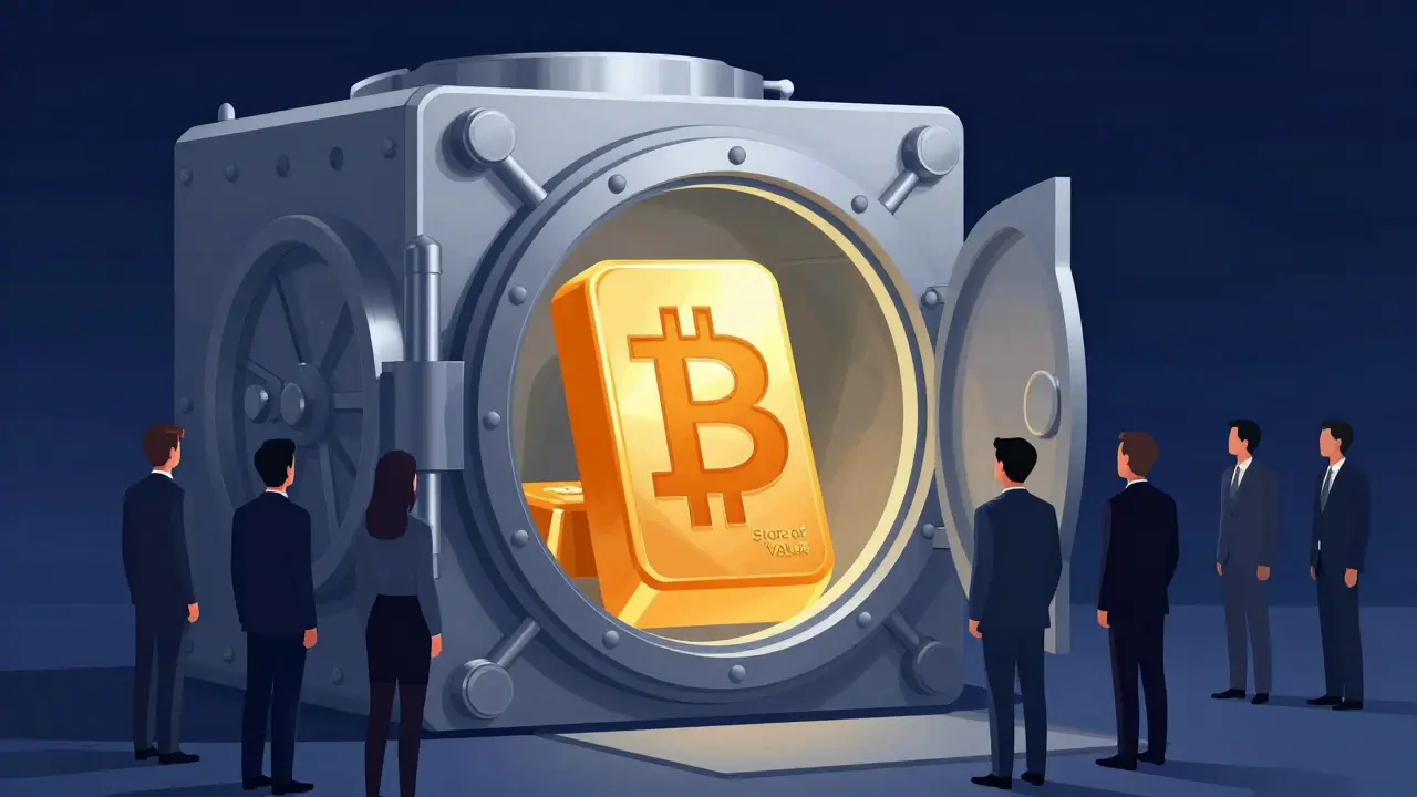 Ein riesiger Bitcoin in einem futuristischen Tresor als strategische Staatsreserve.