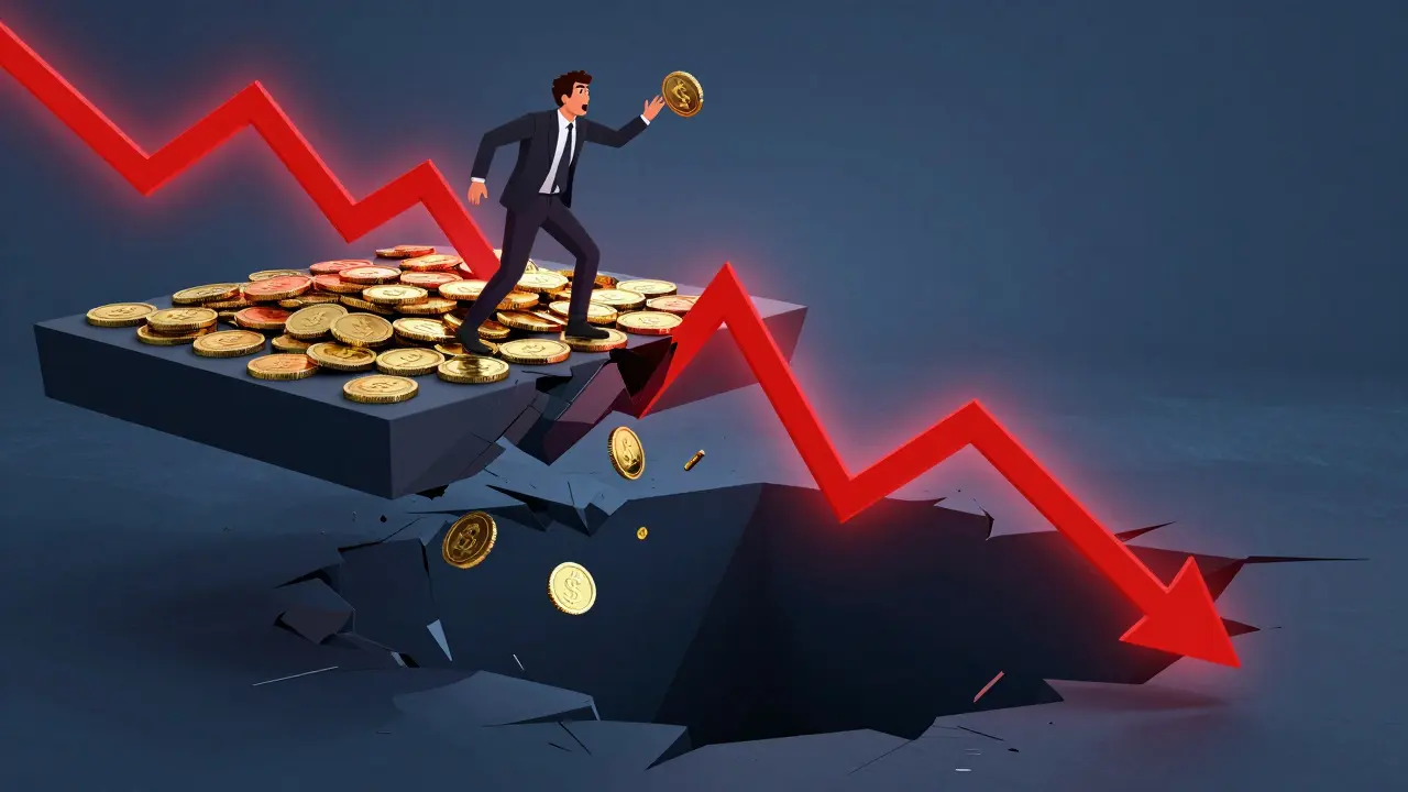 Ein Trader auf einer zerbrechenden Plattform aus Münzen während eines Kurssturzes.
