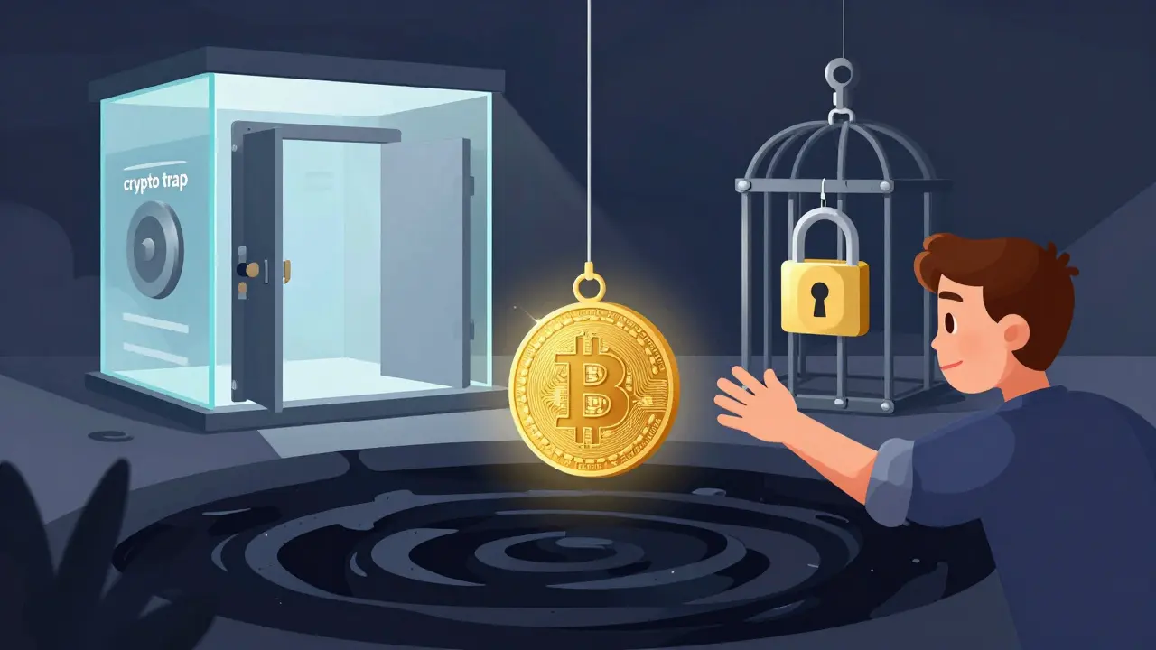 Eine digitale Angel mit einem Bitcoin als Köder, die in eine Falle aus einem verschlossenen Käfig führt.