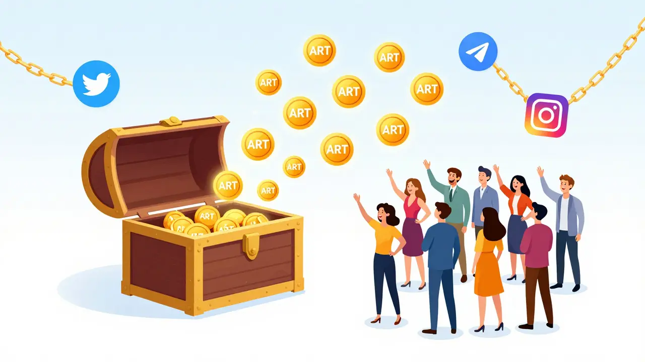 Eine digitale Schatzkiste öffnet sich und verteilt ART Tokens an eine Gruppe von Gewinnern.