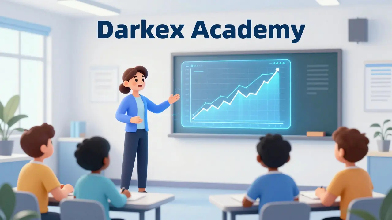 Eine moderne digitale Akademie, in der ein Hologramm Studenten die Grundlagen des Tradings erklärt.