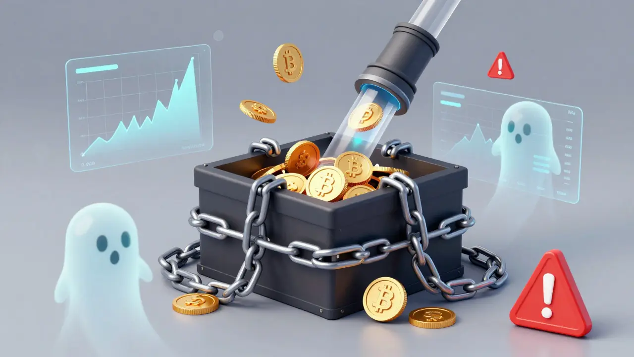 Eine undurchsichtige digitale Blackbox, die Kryptowährungen einsaugt, während Datencharts verschwinden.