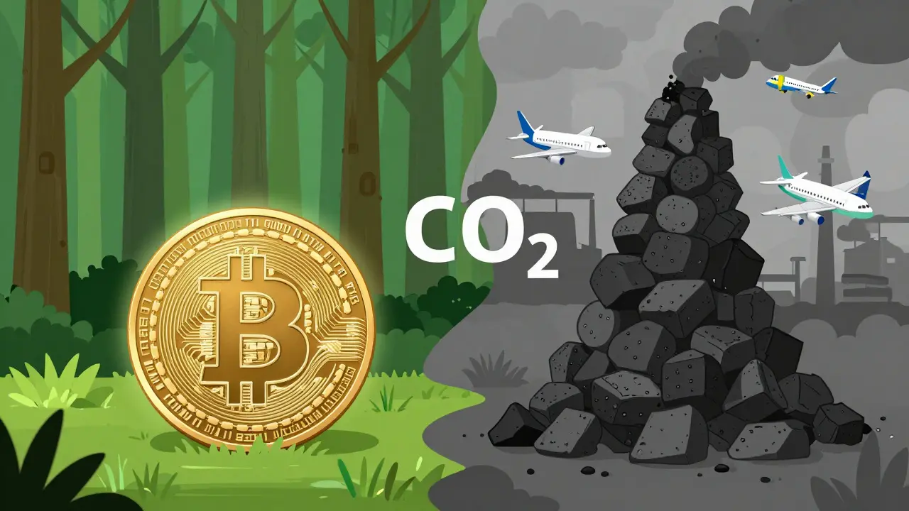 Eine Waage, die ein Bitcoin-Symbol mit Kohle und Flugzeugen vergleicht.