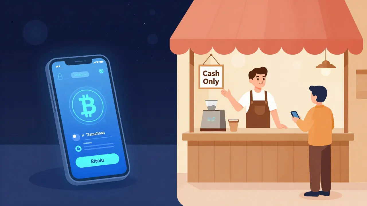 Gegenüberstellung einer digitalen Bitcoin-Zahlung und eines traditionellen Bargeld-Verkaufs.