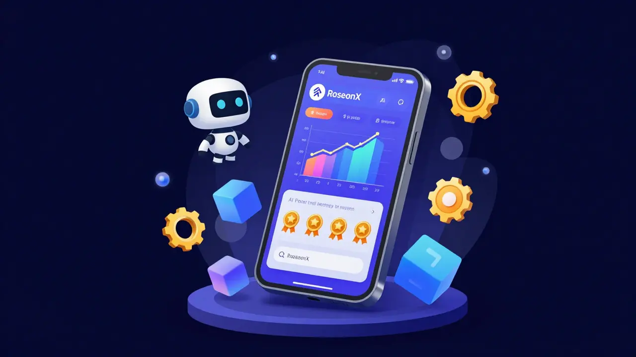 Illustration der RoseonApp mit KI-Elementen und Gamification-Symbolen.