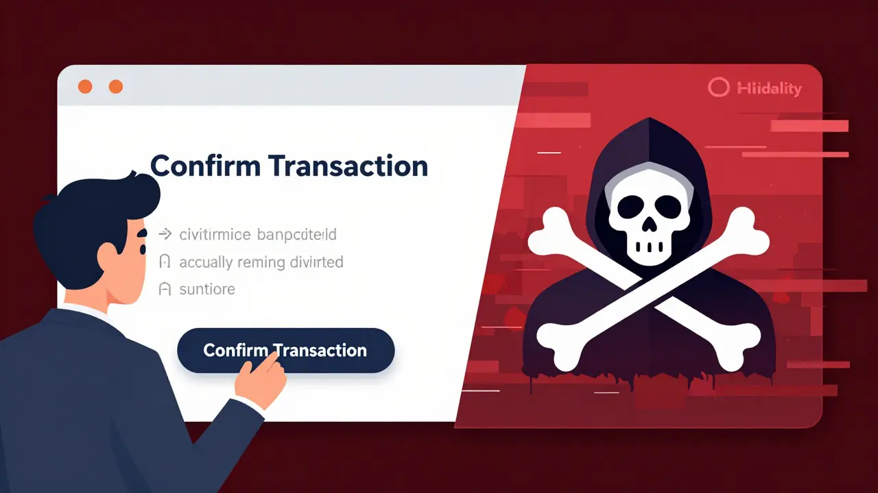 Illustration einer manipulierten Benutzeroberfläche, die eine legitime Transaktion vortäuscht.