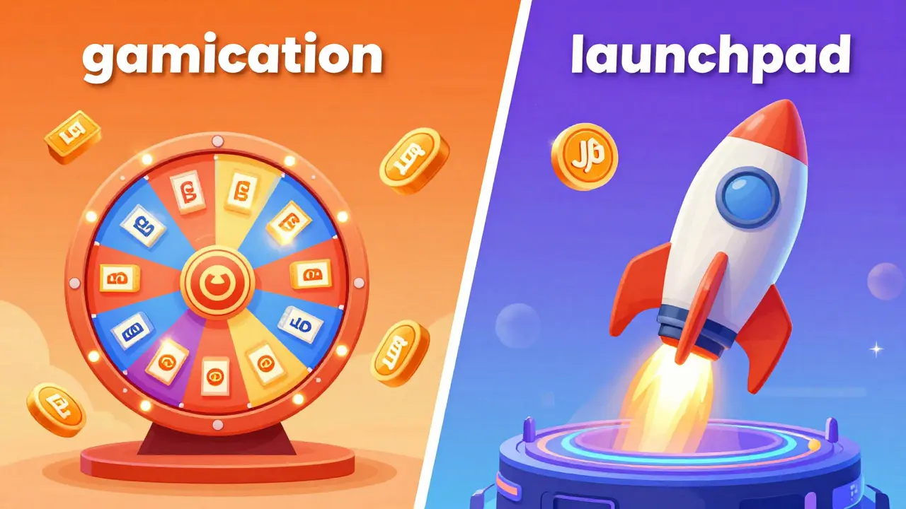 Illustration eines Glücksrads und einer startenden Rakete für das IJO-Launchpad.