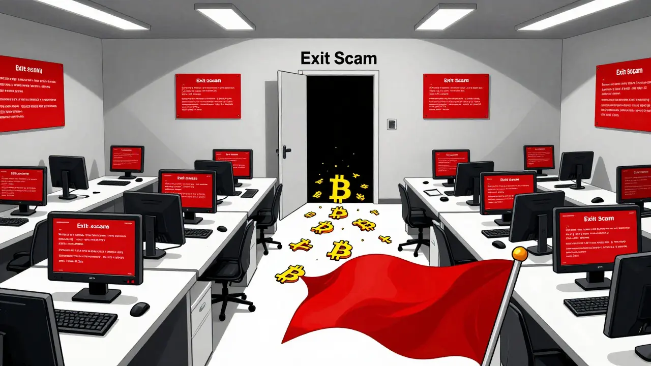 Illustration eines leeren Krypto-Büros nach einem Exit Scam mit einer roten Warnflagge.