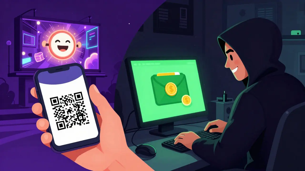 Illustration eines Nutzers, der einen QR-Code scannt, während im Hintergrund ein Hacker die Wallet leert.