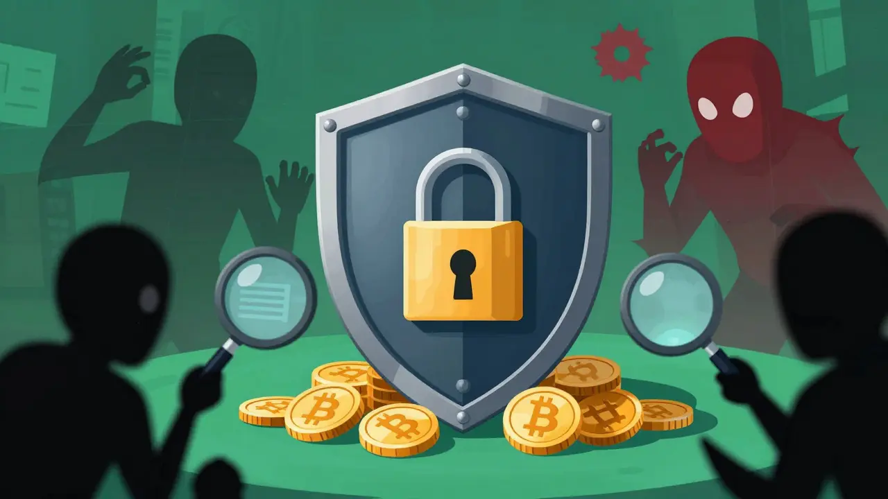 Illustration zeigt Schutzschild gegen Krypto-Betrug und sichere Anmeldung
