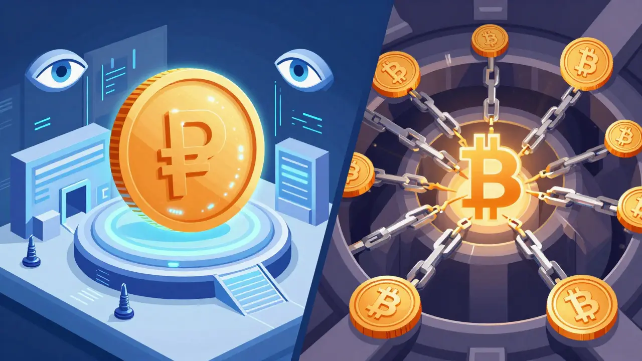Kontrast zwischen dem kontrollierten Digitalen Rubel und dezentralen Kryptowährungen.