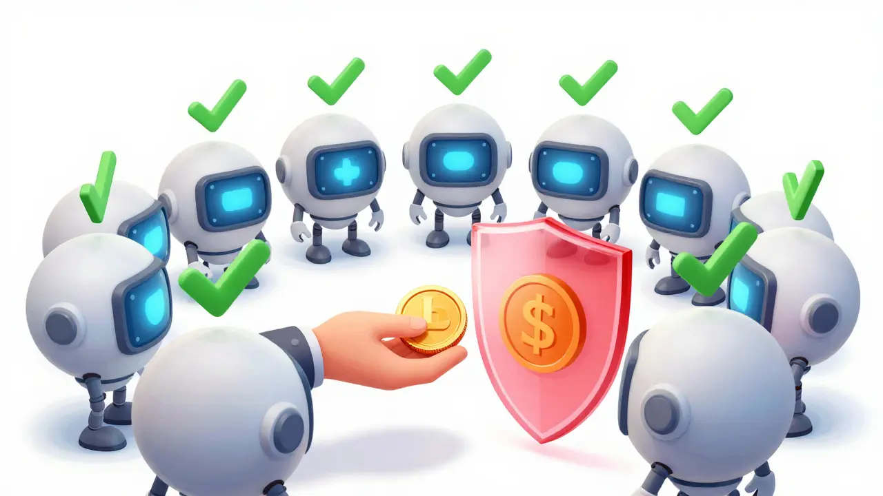 Personifizierte Netzwerkknoten, die eine digitale Transaktion mit grünen Häkchen bestätigen.