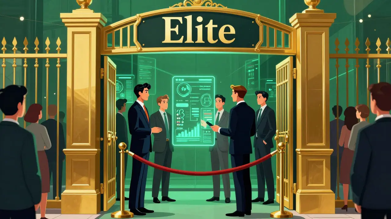 Reiche Investoren hinter einem goldenen Tor mit Zugang zu Kryptomärkten.