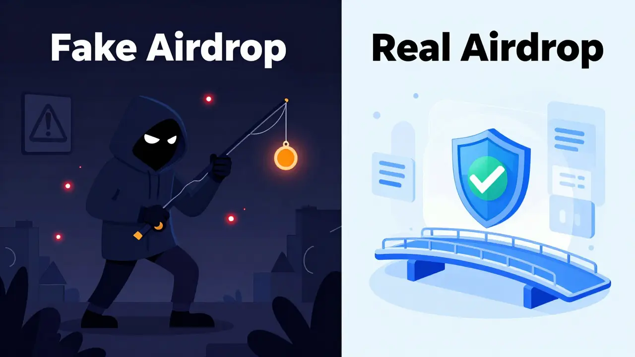 Vergleich zwischen einem betrügerischen Airdrop-Angebot und einem sicheren Blockchain-Prozess.
