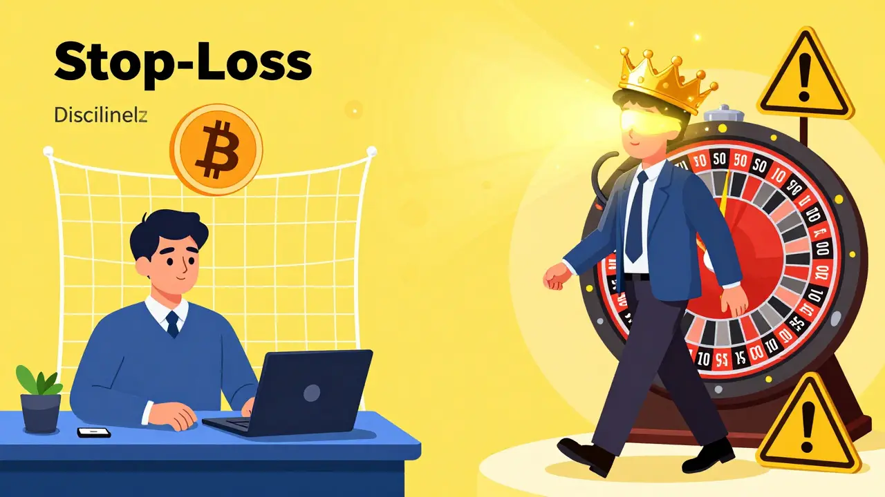 Vergleich zwischen einem disziplinierten Trader mit Stop-Loss und einem gierigen Trader an einem Casino-Rad.