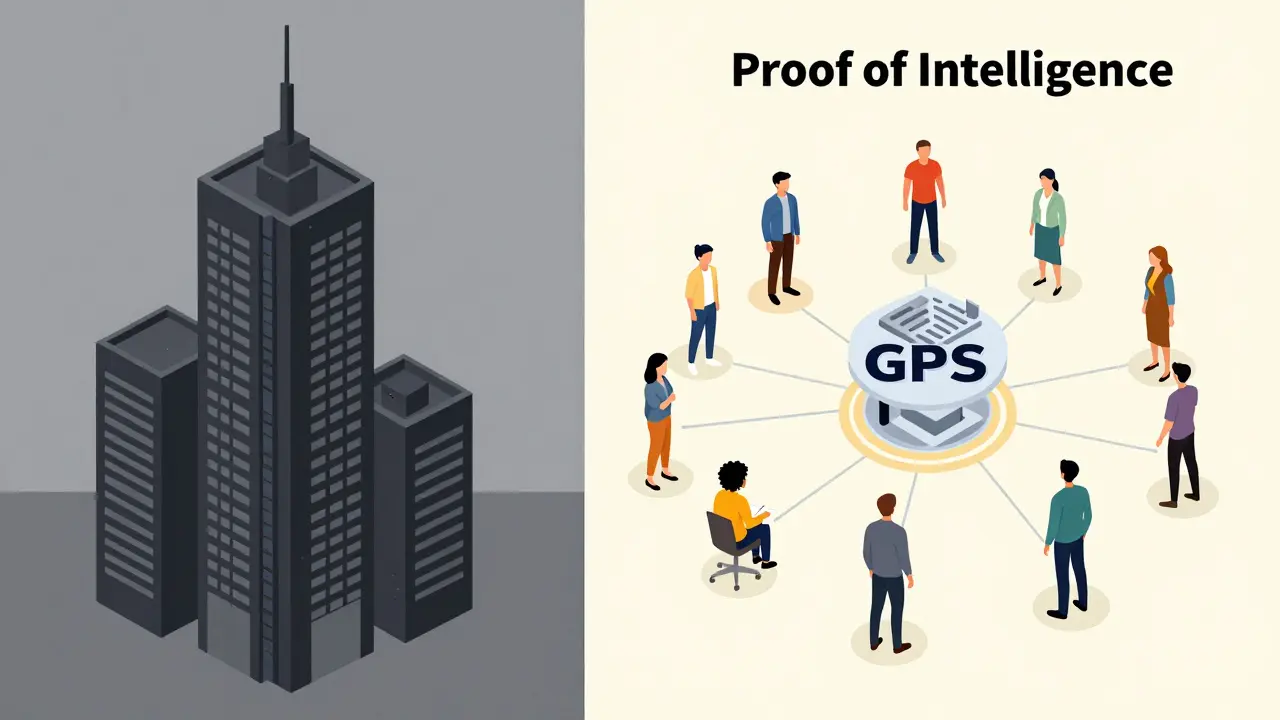 Vergleich zwischen einem monolithischen Firmengebäude und einem offenen, dezentralen KI-Netzwerk.