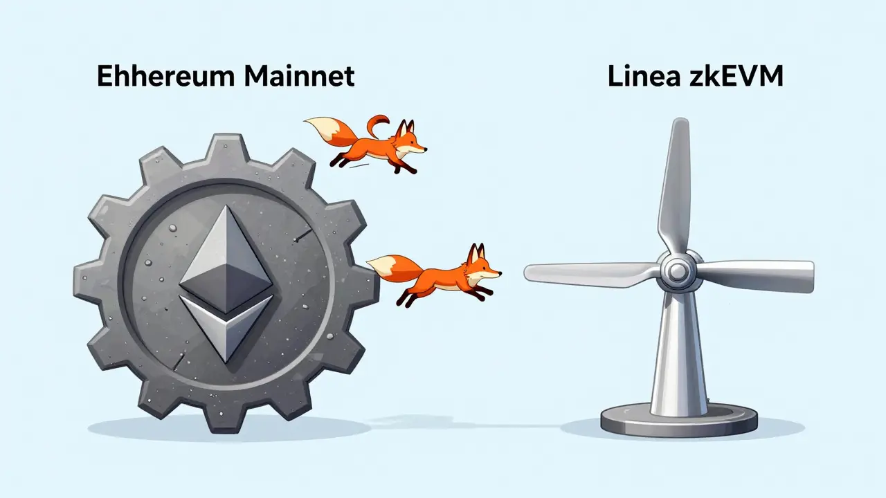 Vergleich zwischen einem schweren Zahnrad für Ethereum und einer schnellen Turbine für Linea.